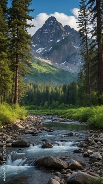 Fototapeta River flows through lush forest, leading eye towards majestic mountain peak in distance. Clear water cascades over rocks, surrounded by vibrant greenery.