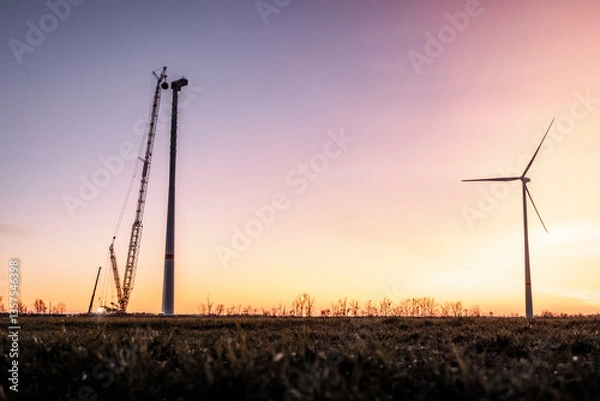 Fototapeta A wind turbine under construction stands beside a completed one during the golden hour. The colorful sky creates a stunning backdrop, highlighting renewable energy in progress.