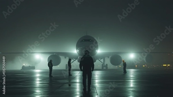 Fototapeta Night Flight: Awaiting Takeoff in the Fog