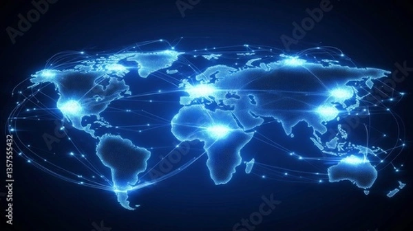 Fototapeta Global connectivity visualized digital world map technology infographic dark background abstract view data representation