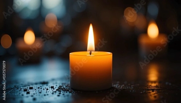 Obraz Candle, Burning candles glowing softly in the dark for warm holiday night, Close-up picture of candle on fire in dark blurred background