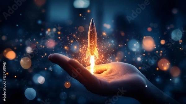 Fototapeta Hand holding a rocket with glowing particles and a bokeh city background. 