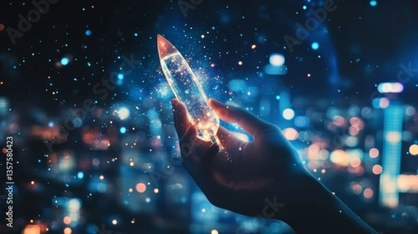 Fototapeta Hand holding a rocket with glowing particles and a bokeh city background. 