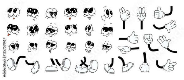 Obraz Set of 70s groovy comic faces vector. Collection of cartoon character faces, leg, hand in different emotions happy, angry, sad, cheerful. Cute retro groovy hippie illustration for decorative, sticker