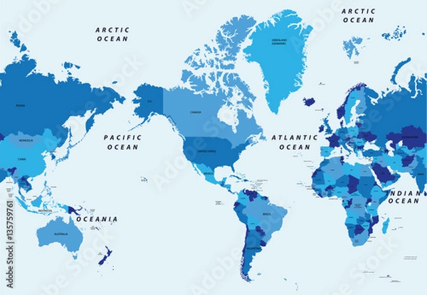 Obraz Mapa polityczna świata szczegółowe ilustracji wektorowych wyśrodkowany przez Amerykę