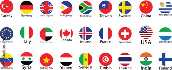 Fototapeta Set of official national flags of the world. Country round shape flags collection. Official coloring signs, countries flag banners. International travel symbols isolated on transparent background.