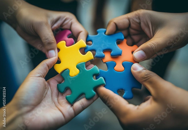 Fototapeta Hands holding interlocking colorful puzzle pieces symbolizing teamwork and collaboration