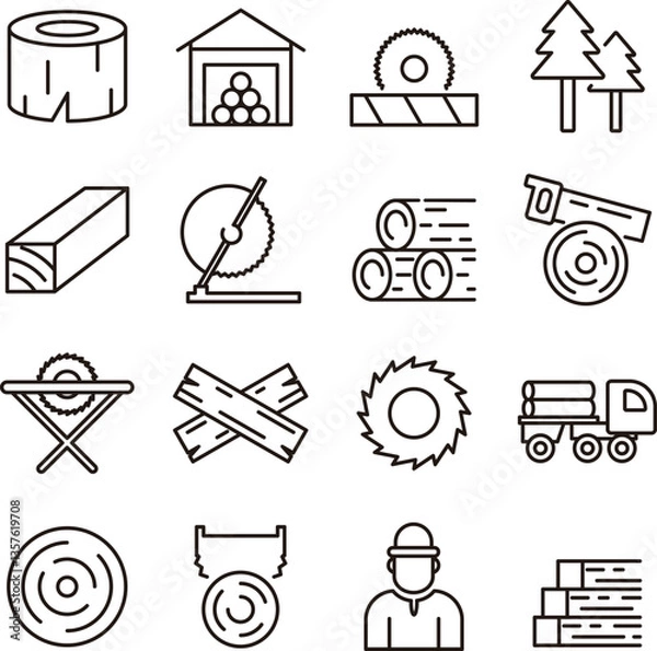 Obraz Lumberjack icon set. Includes of woodcutter, logger, forester, axeman, sawmill, chainsaw, woodworker, and More. Outline icons vector collection