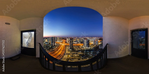 Fototapeta night panorama 360 in balcony of night metropolis with illumination on skyscraper multistory buildings of residential complex in equirectangular spherical projection