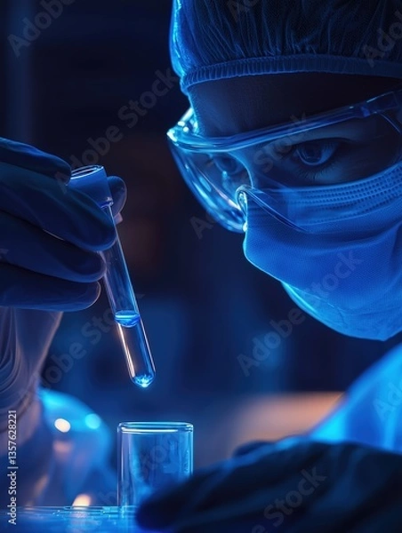 Obraz Scientist Examining Test Tube with Glowing Blue Liquid – Close-Up Photography
