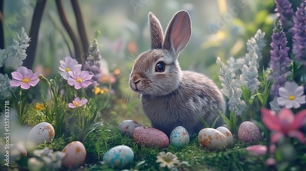Fototapeta A sweet bunny nestled amongst vibrant Easter eggs and wildflowers, basking in soft sunlight filtering through a magical spring woodland.
