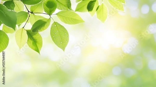 Fototapeta Vibrant green leaf with dewdrops, symbolizing nature's resilience and beauty on World Environment Day.
