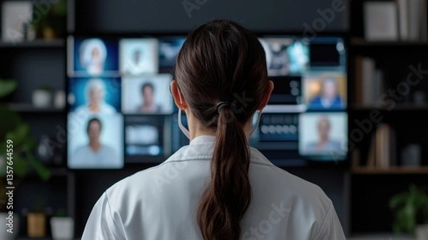 Obraz Telemedicine virtual and security, A person in a lab coat observes multiple video screens displaying various individuals, suggesting a virtual meeting or consultation setting.