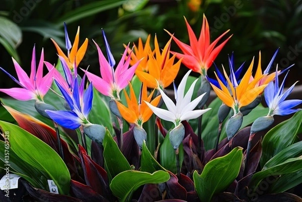 Fototapeta Vibrant cluster of exotic bird-of-paradise flowers in diverse colors
