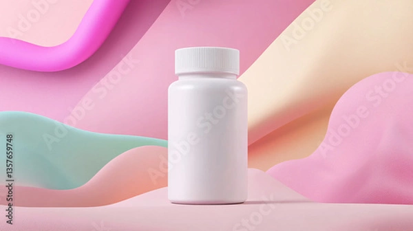 Fototapeta a blank supplement bottle mockup, on colourful background, with organic shapes behind, minimalistic	
