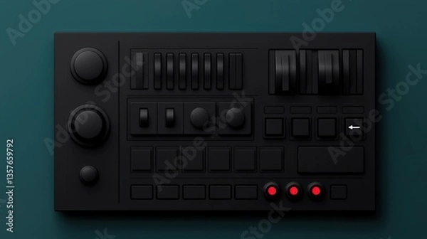 Fototapeta Minimalist tech design and elegance interface, A sleek black control panel featuring various knobs and buttons, ideal for audio or video equipment, set against a dark green background.