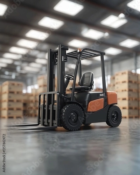 Fototapeta A black and orange forklift parked in a spacious warehouse with wooden pallets in the background.