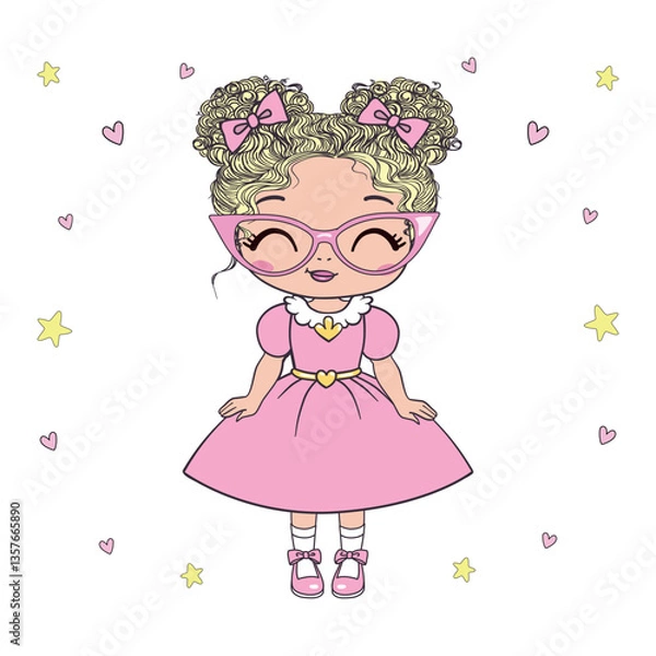 Obraz The princess is a sweet little princess. A hand-drawn beautiful, pretty, romantic curly-haired girl Princess. Vector illustration.