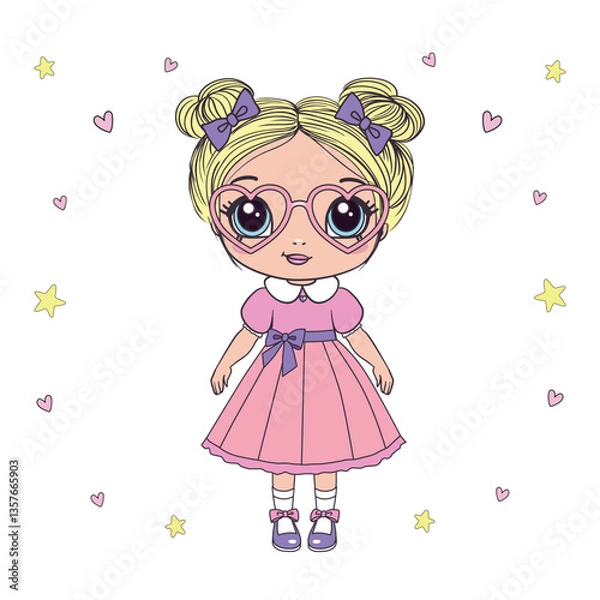 Obraz The princess is a sweet little princess. A hand-drawn beautiful, pretty, romantic curly-haired girl Princess. Vector illustration.
