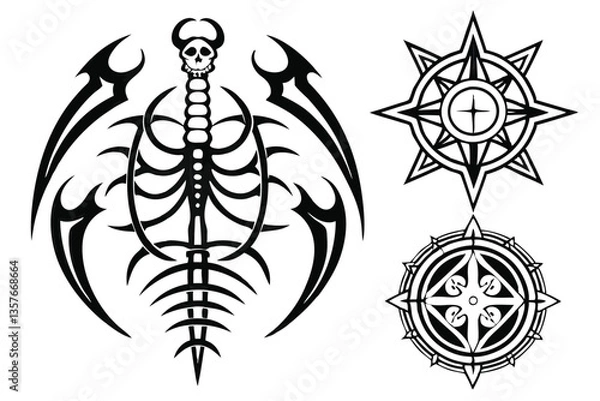 Fototapeta 20 Dark tribal tattoo designs, gothic symmetrical patterns, intricate black and white illustrations, biomechanical skeletal motifs, sharp spiky shapes, ornate vertical emblems, mystical symbolic icons