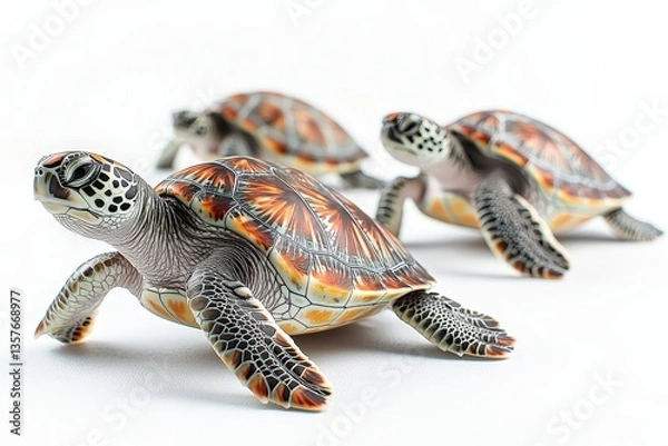 Obraz Colorful sea turtles on white background: vibrant wildlife artistry