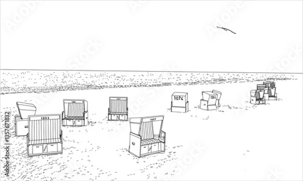 Fototapeta Sylt Beach Wicker Chairs Line Art