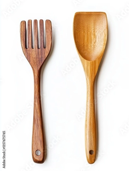 Fototapeta Wooden cooking utensils, spatula and fork, on white background. Rustic kitchenware