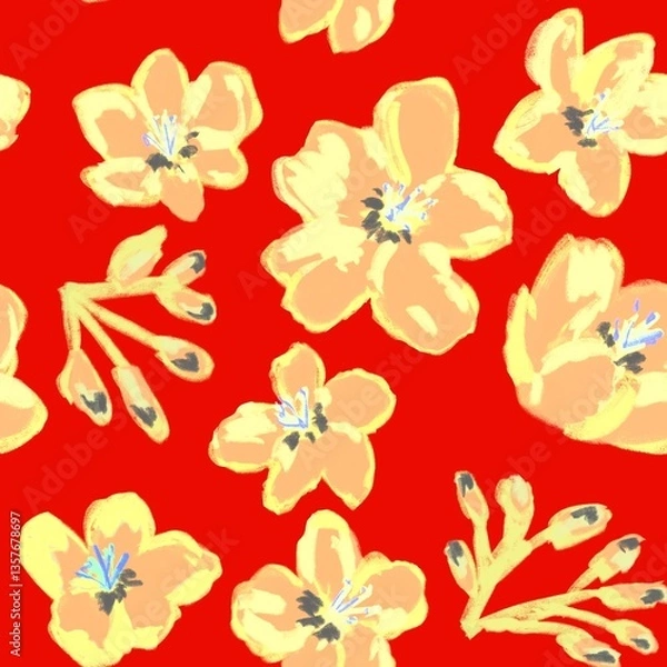 Obraz Seamless pattern with yellow flowers on a red background
