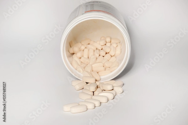 Obraz Tablets of vitamins and amino acids on a light table poured out of a large jar
