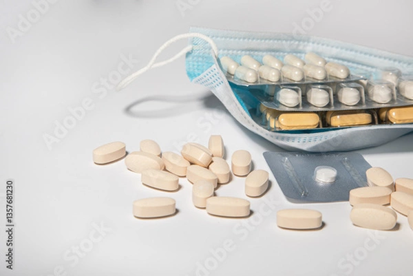 Obraz many pills from the virus on a light table. The concept is medical. Treatment and support of the body