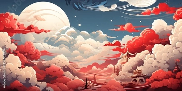 Fototapeta Artistic Sky Landscape with Clouds Moon and Asian Architecture Illustration