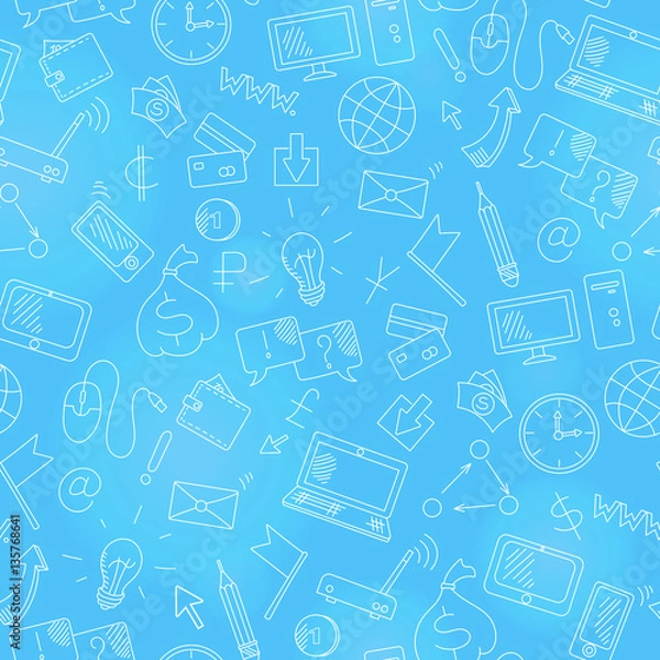 Fototapeta Seamless background on the topic of information technology and earn money online, simple hand-drawn contour icons,white outline on a blue background