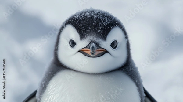 Fototapeta A detailed close-up shot of a young penguin chick. The image features a shallow depth of field, focusing sharply on the penguin's face and upper body. The penguin's plumage displays a mix of black