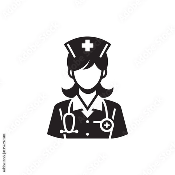 Fototapeta Black Color Nurse Silhouette Vector Illustration, Solid White Background