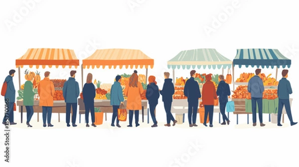 Fototapeta A group of people are shopping at a market. There are several people in the foreground and background, and they are all carrying bags. The market is filled with various fruits and vegetables