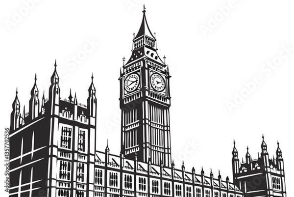 Fototapeta 31 Big Ben silhouette, iconic London landmark, black and white illustration, detailed clock tower, Gothic architecture, symmetrical design, stark contrast, minimalist artwork, vector graphic style, ta