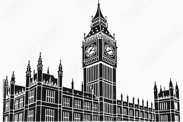 Fototapeta 31 Big Ben silhouette, iconic London landmark, black and white illustration, detailed clock tower, Gothic architecture, symmetrical design, stark contrast, minimalist artwork, vector graphic style, ta