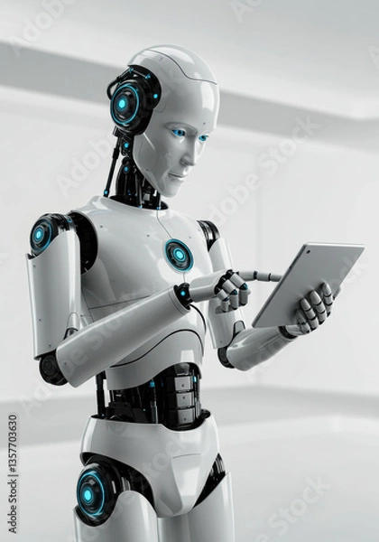 Obraz Futuristic Humanoid Robot Using Digital Tablet in a Modern Environment