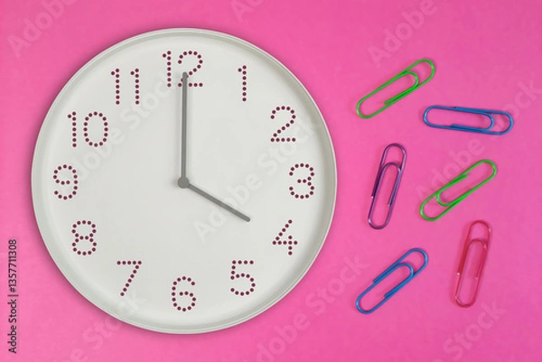 Fototapeta Clock showing four o’clock with colorful paper clips on pink background. Productivity concept with 16 o'clock clock and tools for office work, school tasks, and deadline management.