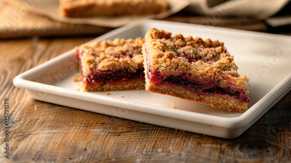 Fototapeta Warm raspberry crumble bar broken in half, gooey fruit center and crumb topping ideal for rustic dessert branding and sweet bakery shots