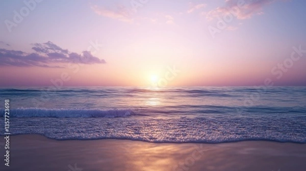 Fototapeta A serene sunset over calm ocean waves, casting a soft glow across the water and reflecting a tranquil atmosphere.