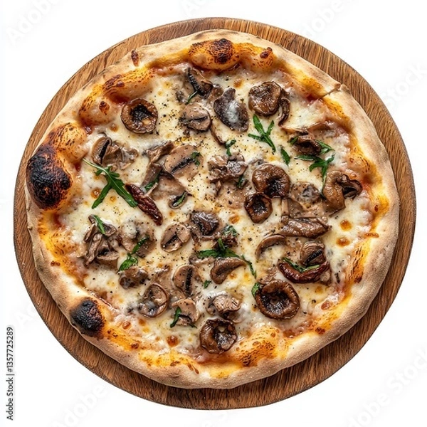 Obraz  Thin-crust pizza topped with mushrooms, cheese, and herbs on a wooden board