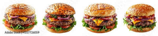 Fototapeta Four Isolated Double Burgers with Cheese and Red Onion on a Clear Background