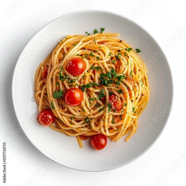 Obraz Classic spaghetti with vibrant cherry tomatoes and fresh parsley in a minimalistic presentation