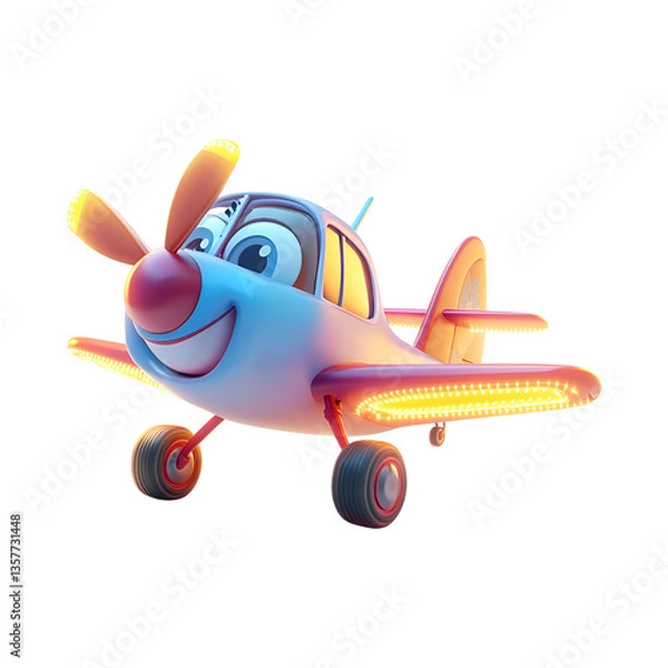 Obraz A Fluffy 3D Cartoon Airplane with Glowing Wings and Smiling Face Isolated on Transparent Background