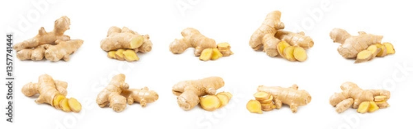 Obraz Fresh ginger and lemon isolated on white background. Sliced ​​ginger. Ginger root. Traditional alternative medicine, healing tea for immunity. Close-up.