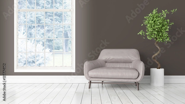 Fototapeta Modern bright interior with large window . 3D rendering