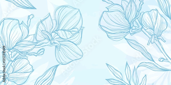 Obraz Abstract art pink floral background. hand draw outline flowers magnolia sketch with leaves and brush stroke. Vector background for wall decoration, banner, postcard, poster or brochure