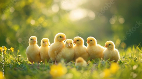 Obraz Charming group of yellow ducklings in a sunny field