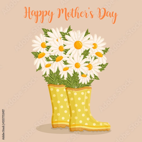 Fototapeta Mother's day greeting card. Bouquet of white chamomile flowers in yellow rain boots. Botanical vector illustration isolated for postcard, poster, ad, decor and other uses.